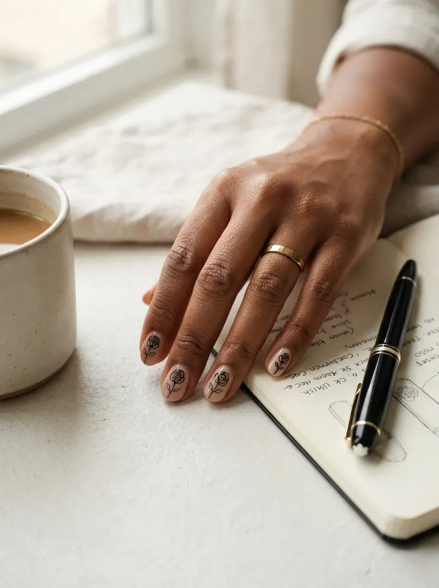 Minimal black rose outlines painted over nude nails on warm brown skin