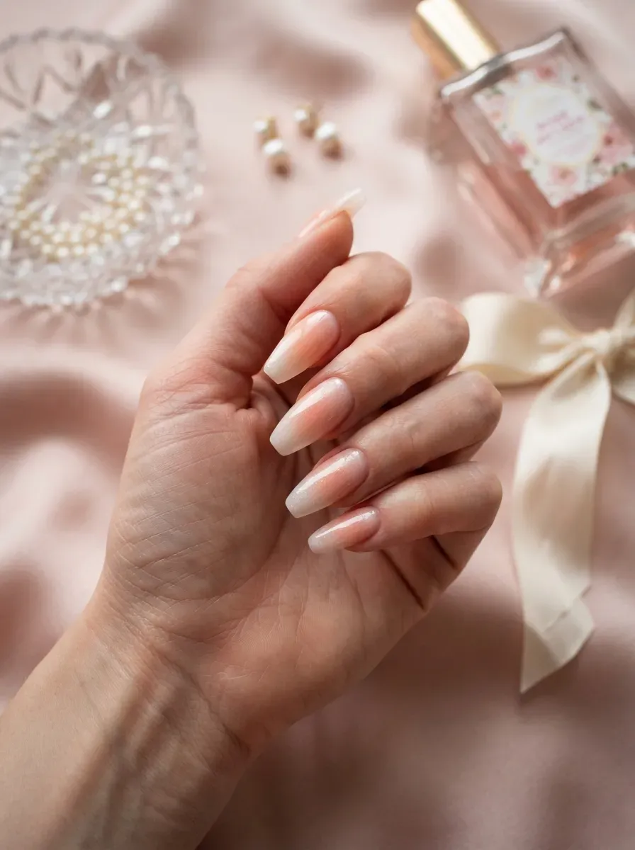 Long nude almond nails with deep glossy black French tips