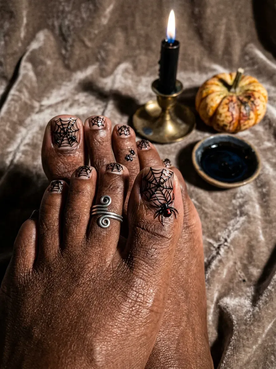 Nude big toe with delicate black spiderweb corner detail