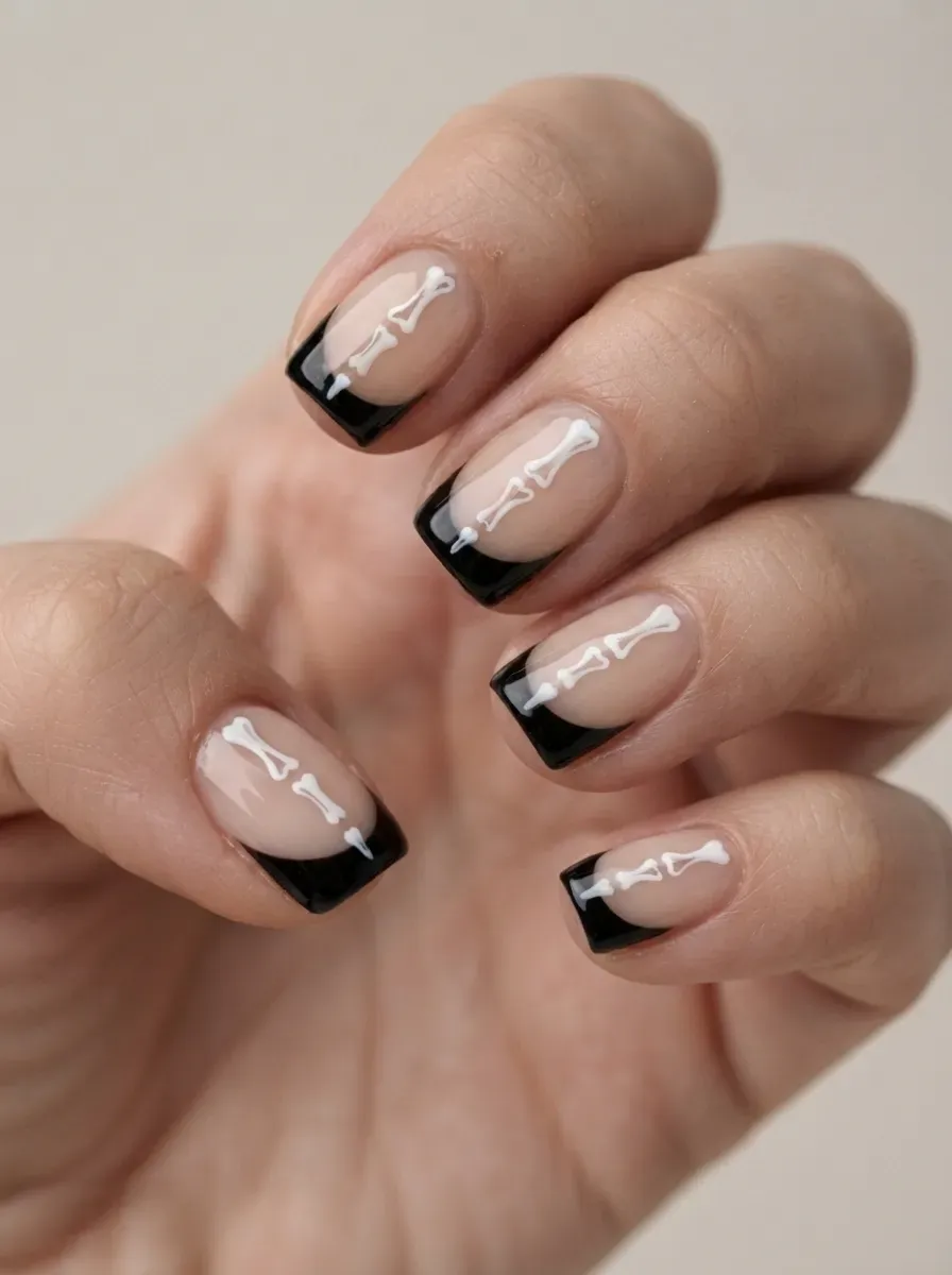 Short nails with black and white skeleton inspired French tip artwork