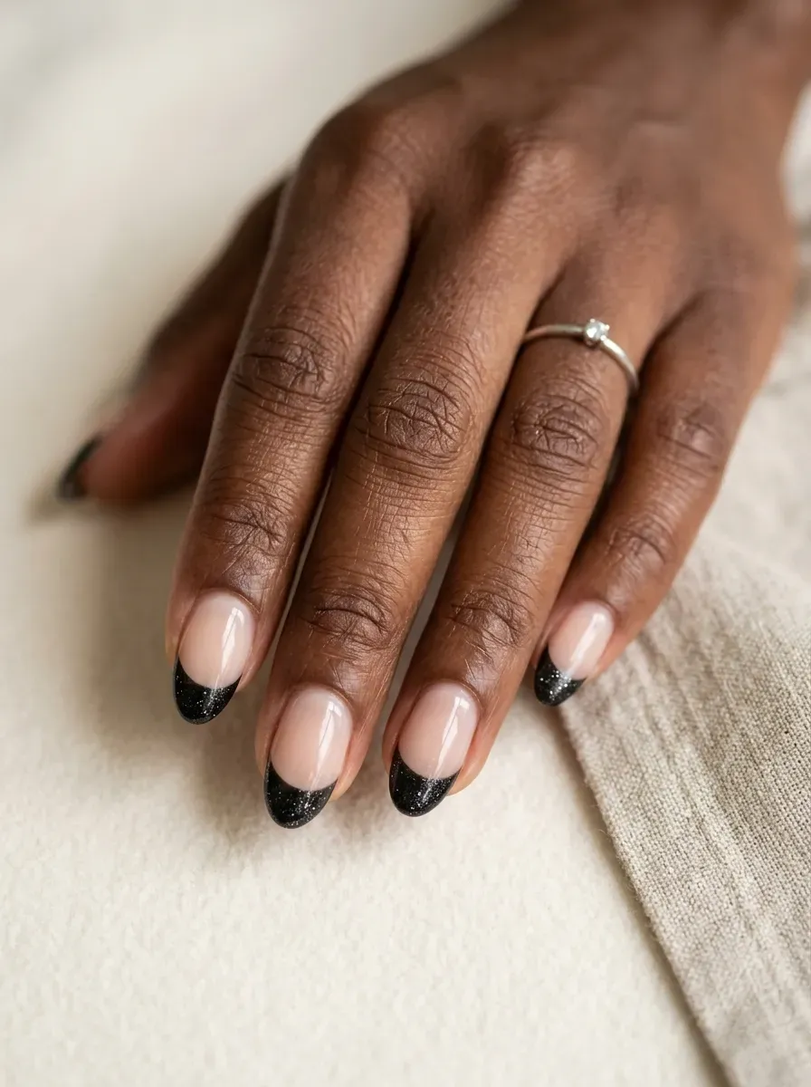 Nails with a solid black tip containing fine shimmer particles over a sheer base on deep chestnut skin