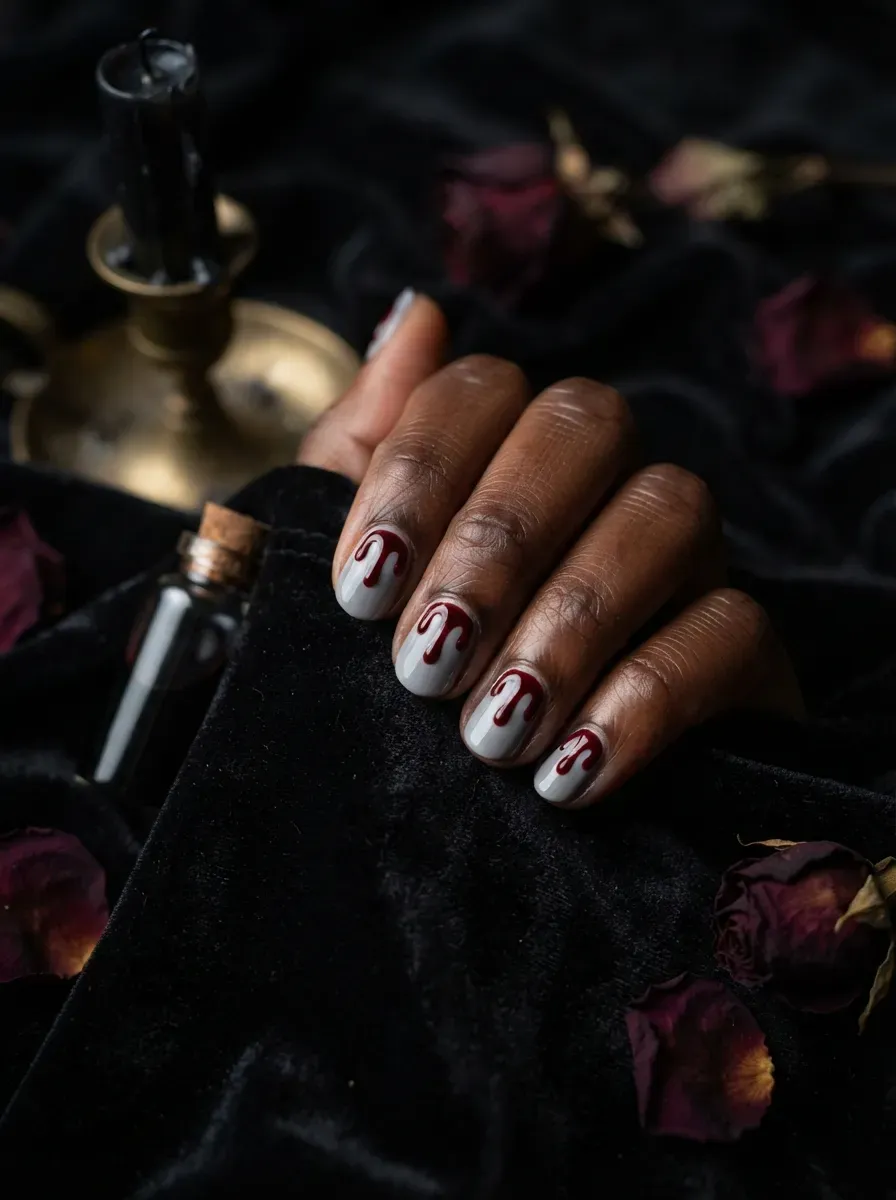 Nails with small painted red drips running down from the cuticle over a pale base on deep chestnut skin