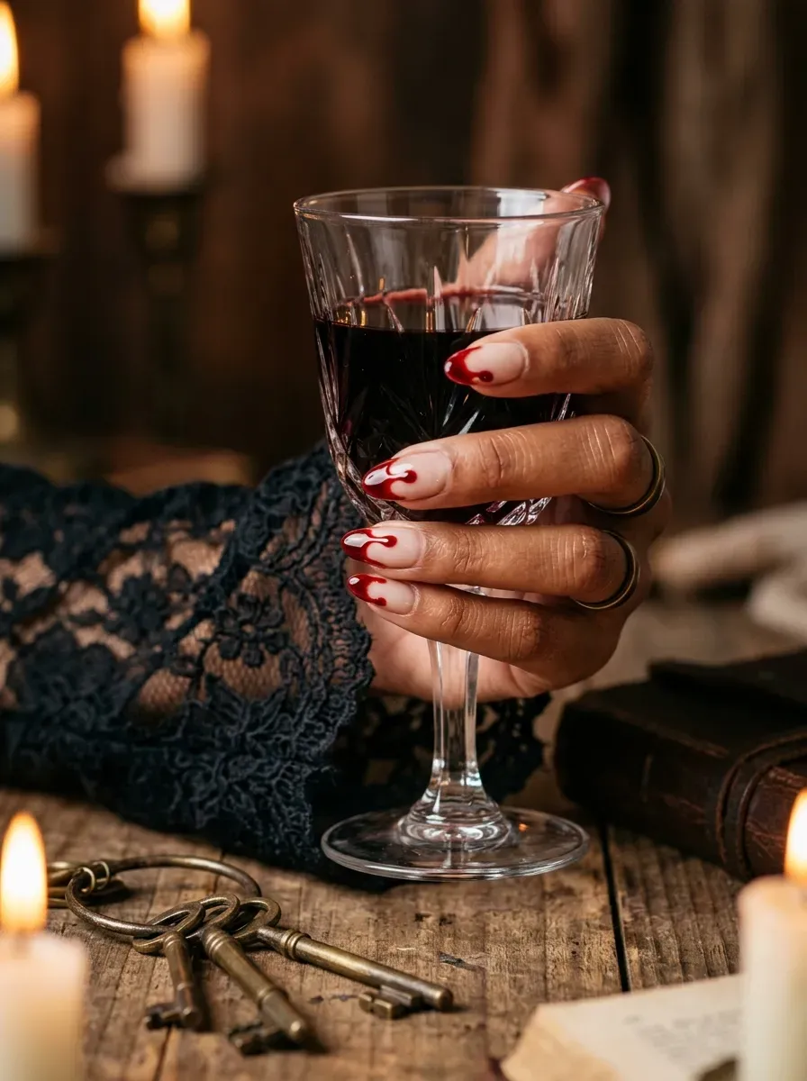 Hand holding a vintage glass goblet featuring bloody drip nail art