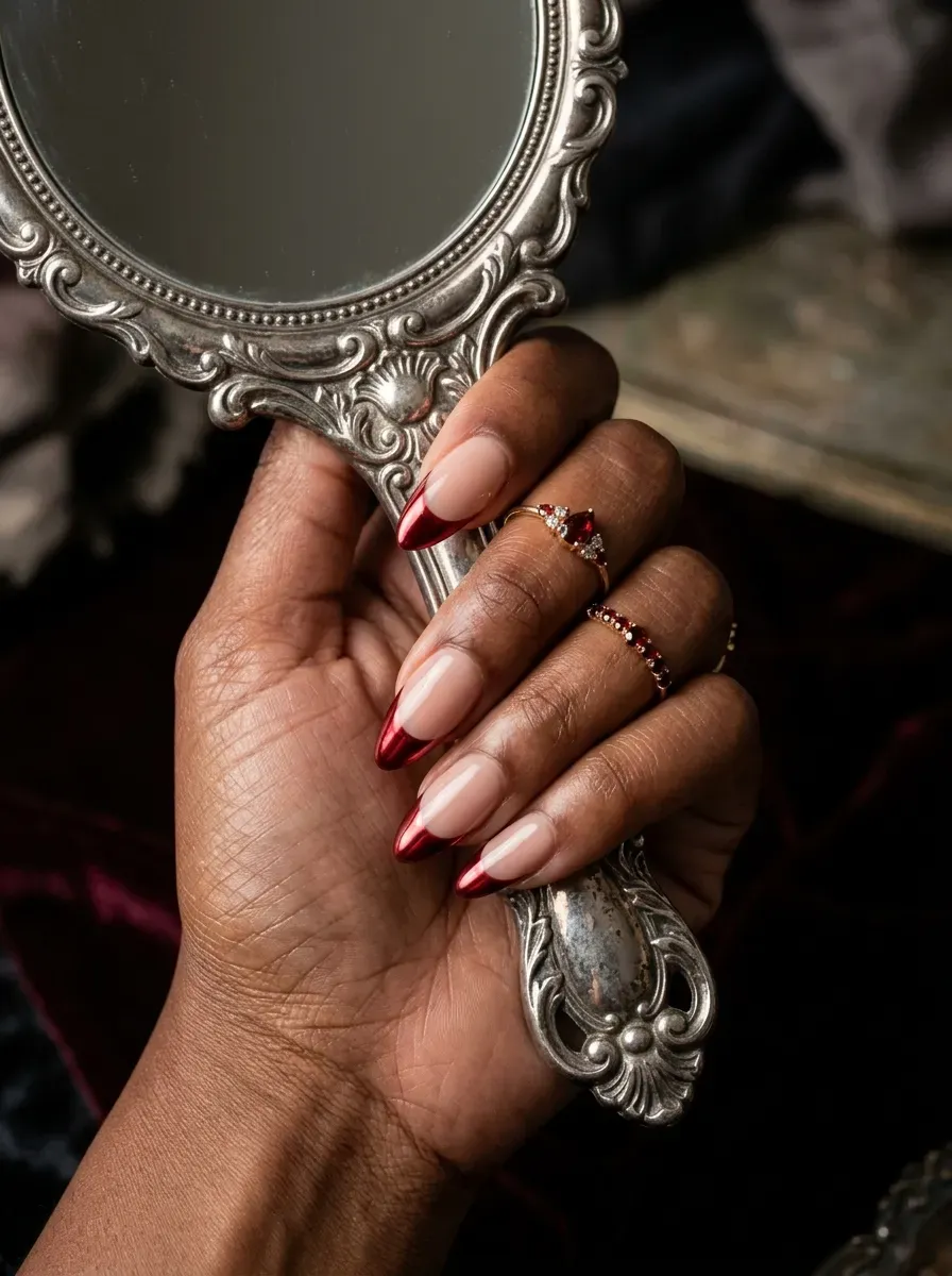 Nude nails featuring metallic blood-red chrome French tip arcs