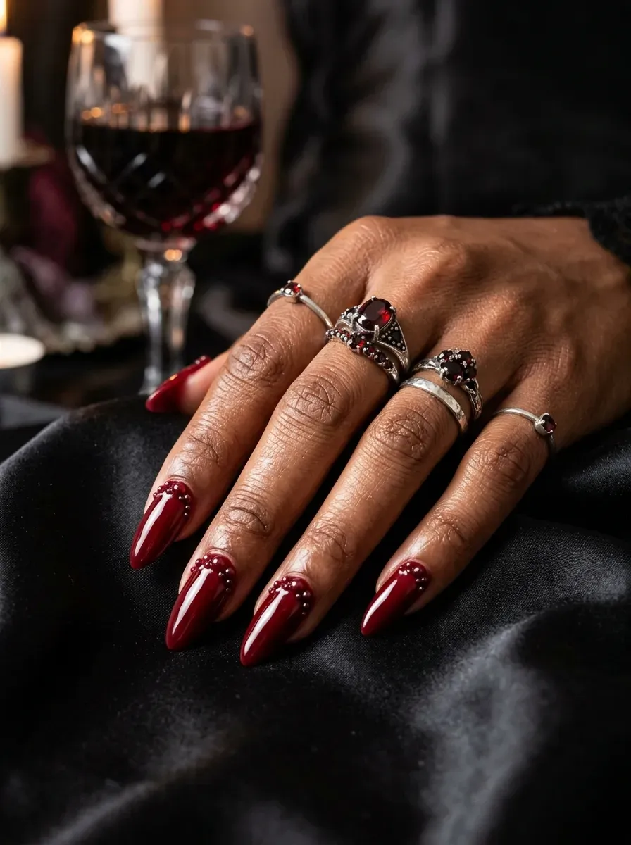 Deep crimson glossy nails embellished with tiny dark red pearls