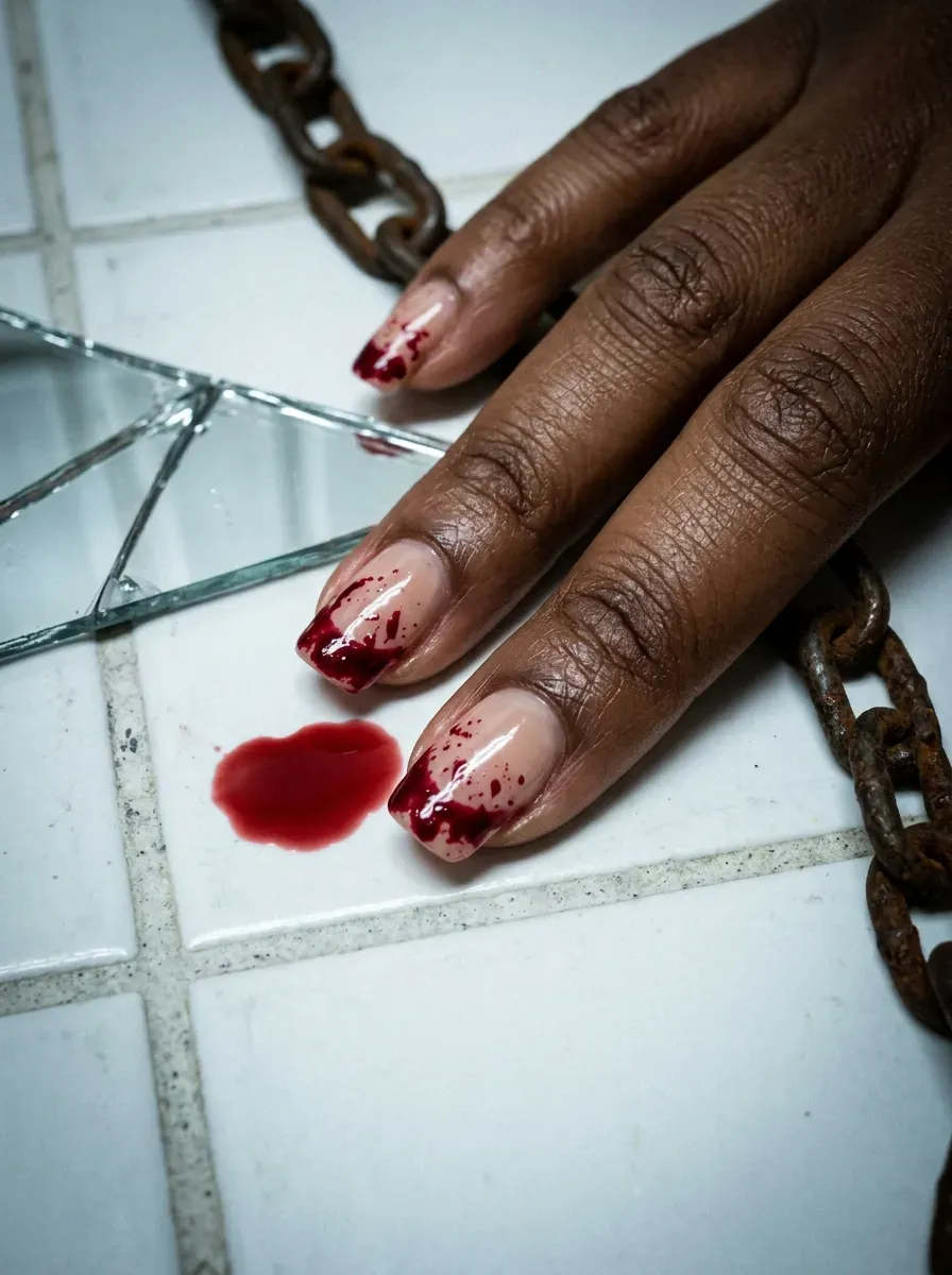 Close-up of red blood-splatter French tip nails on rich dark skin tone