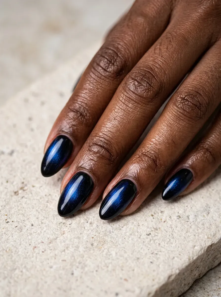 Duochrome nail polish shifting between blue and black tones