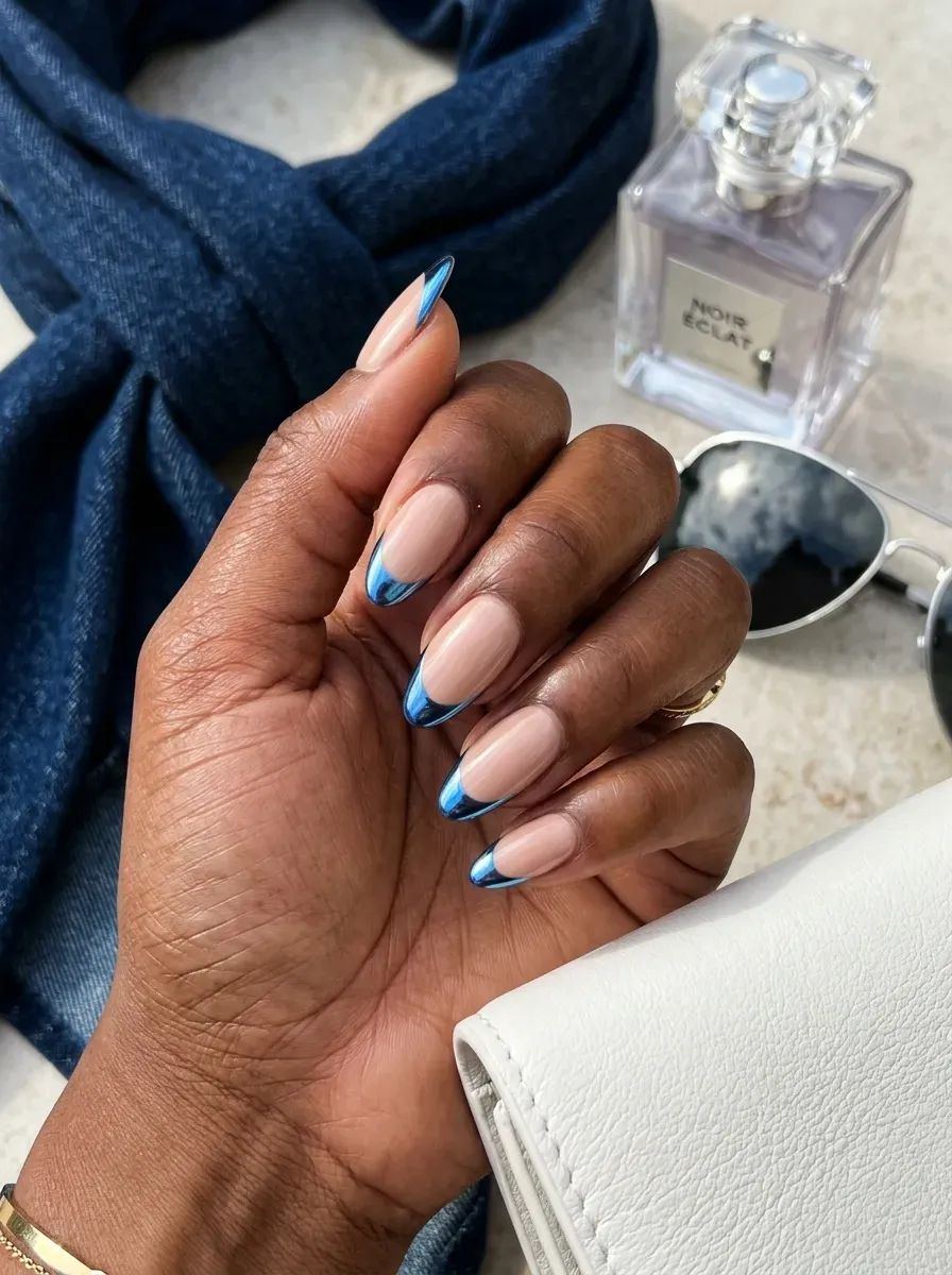 Nude almond nails with blue chrome tips on deep chestnut skin