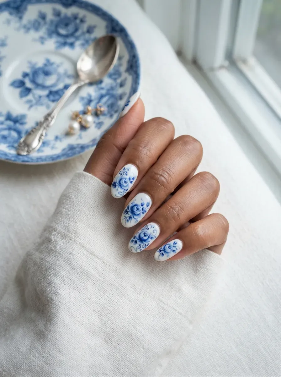 White nails painted with blue porcelain rose patterns on brown skin