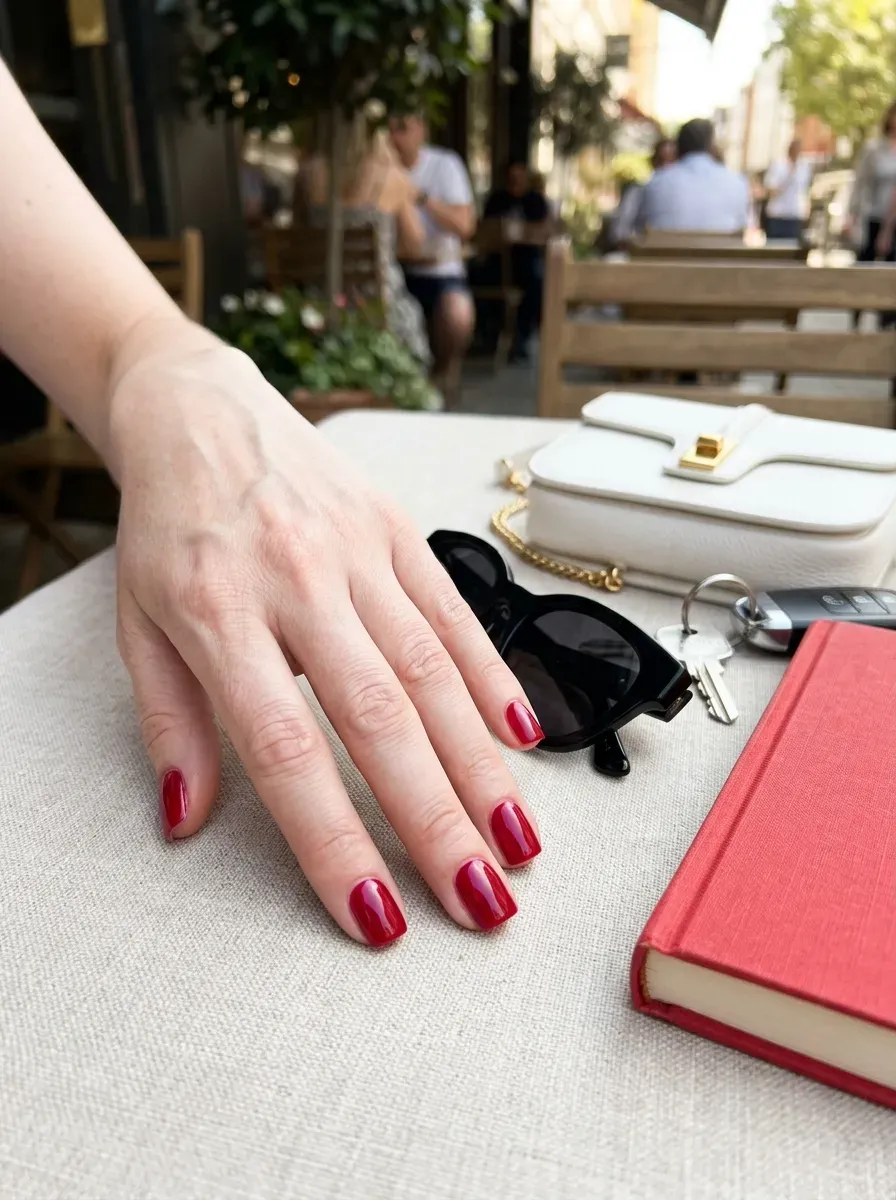 Short square nails coated in glossy blue red cherry polish