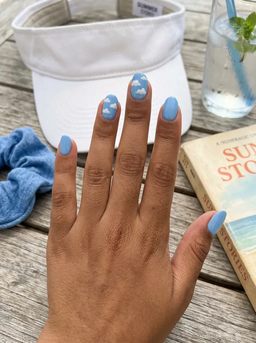 Short blue nails with small white cloud accents on two fingers