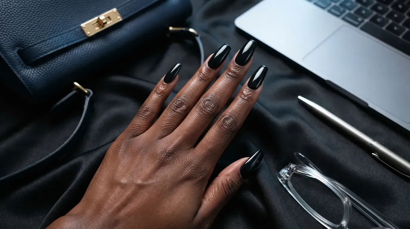 Long coffin nails covered in reflective blue steel chrome polish