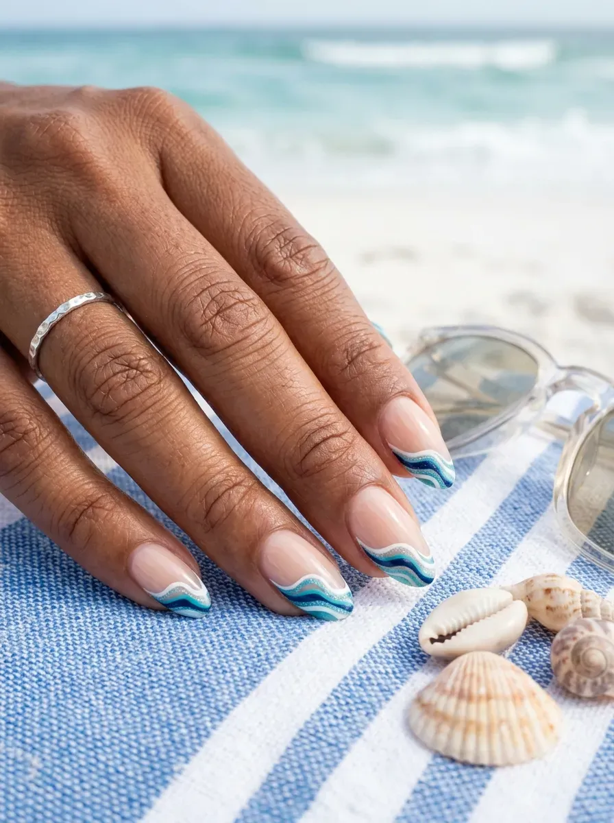 Blue wave French tips on nude oval nails with warm brown skin