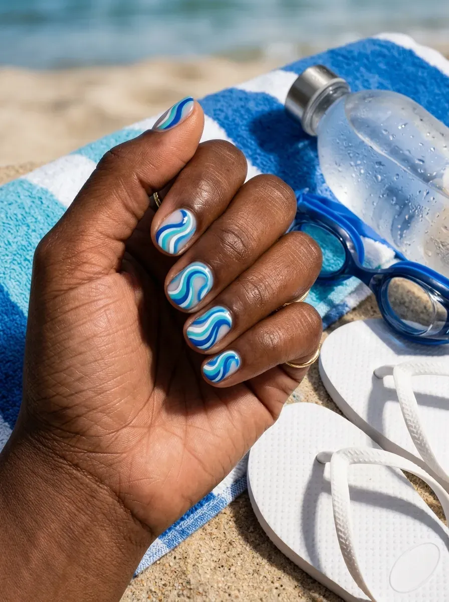 Short nails with flowing blue and white wave designs on dark skin
