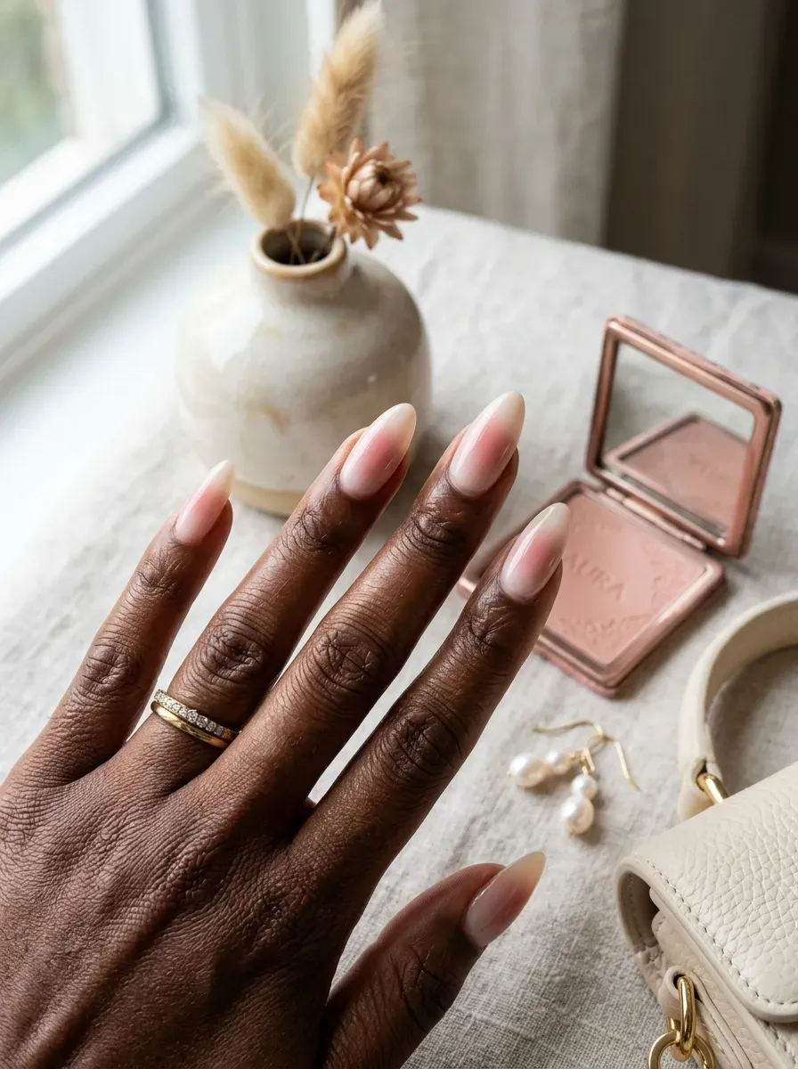 Long almond nails with blush pink aura centers on deep chestnut skin