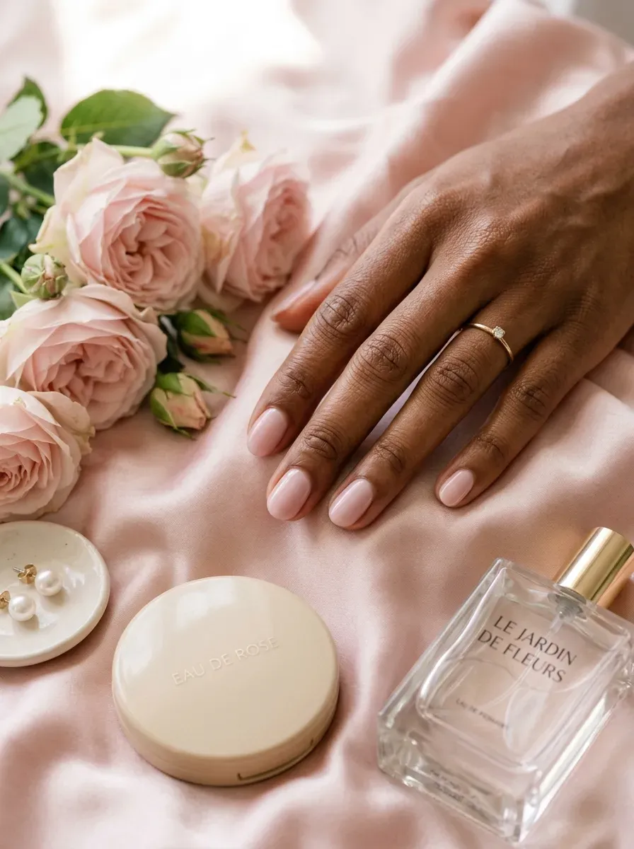 Short oval nails with delicate blush pink micro French tips