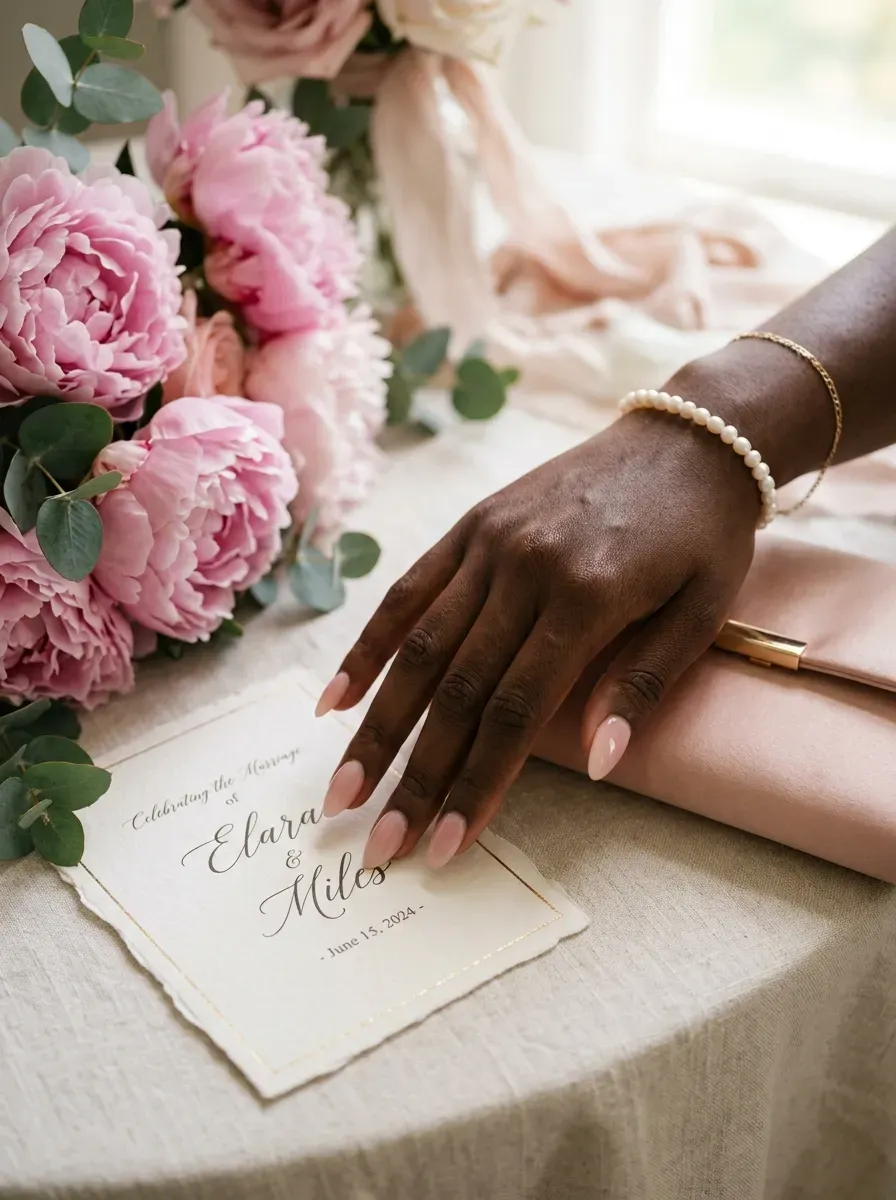 Blush pink French tips fading softly into sheer nude almond nails
