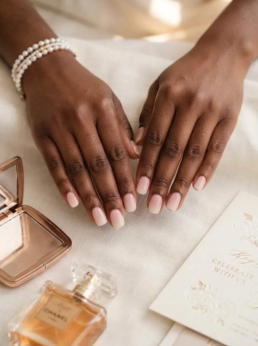 Short squoval nails with soft blush ombre fade on deep chestnut skin