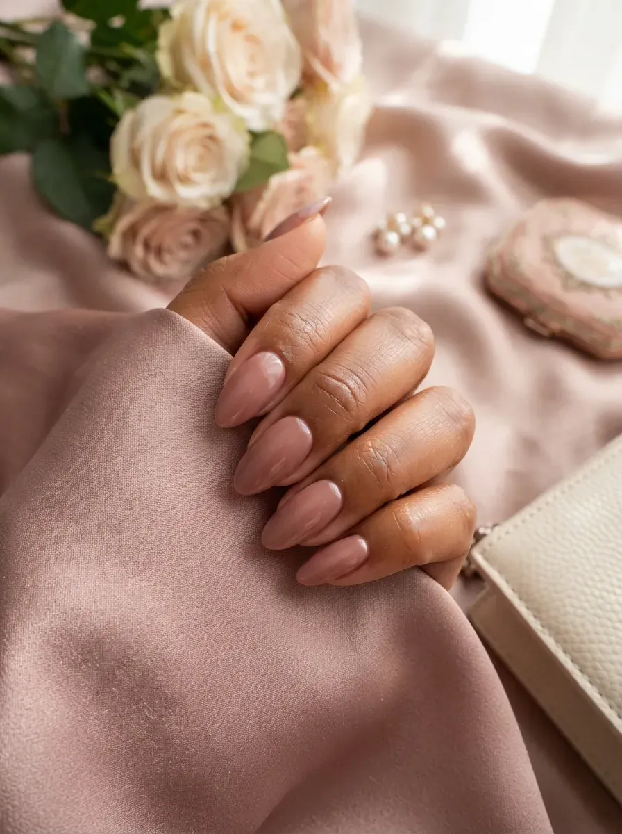 Blush pink deep French tips on almond nails with warm brown skin