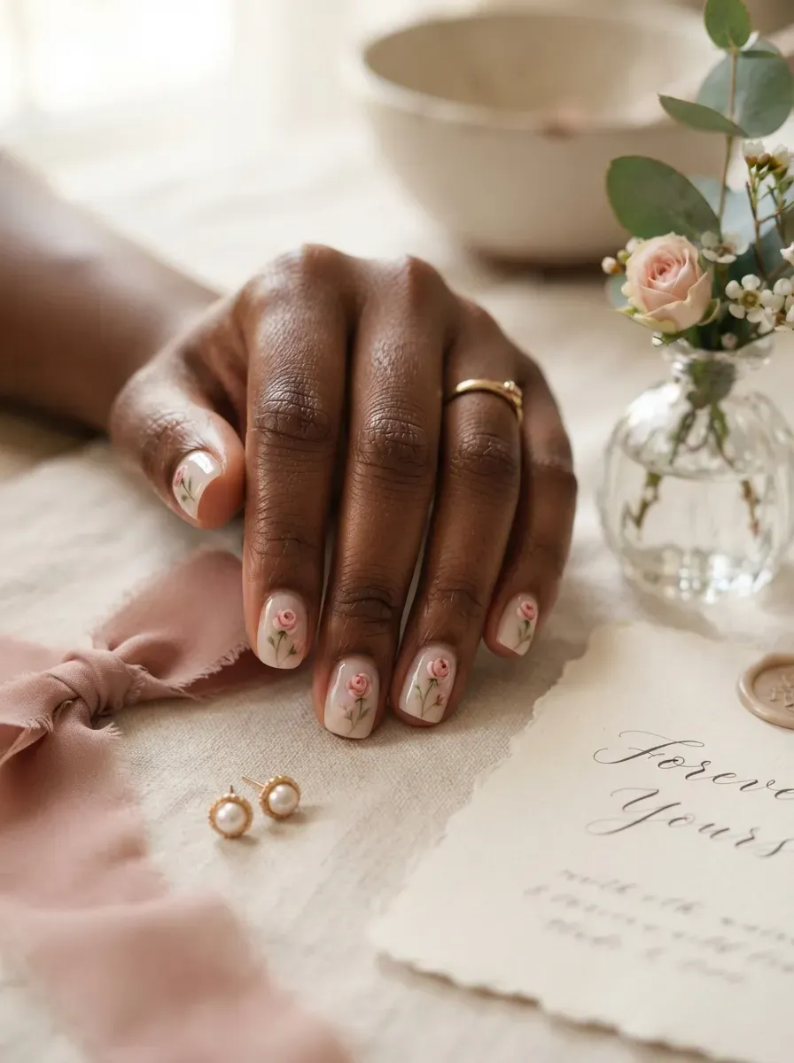 Tiny blush rosebuds painted delicately on glossy nude short nails