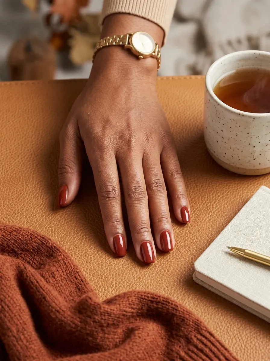Soft square nails with muted brick red French tips on brown skin