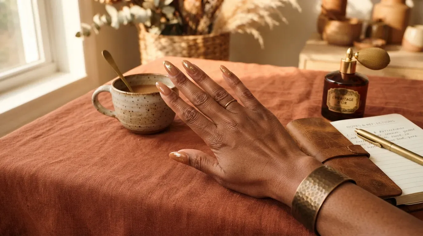 Long nude almond nails with irregular bronze foil fragments beneath gloss