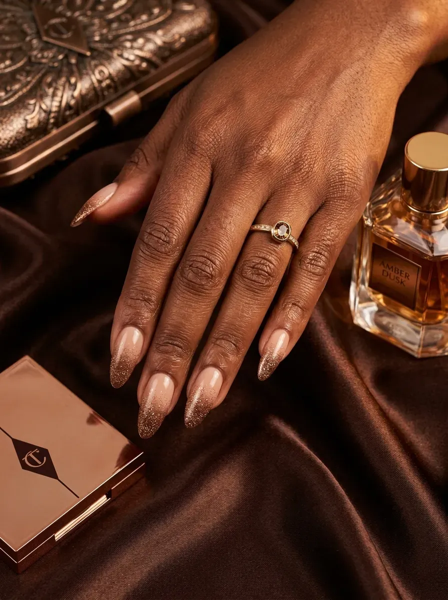 Long almond nails with bronze glitter fading over deep brown skin