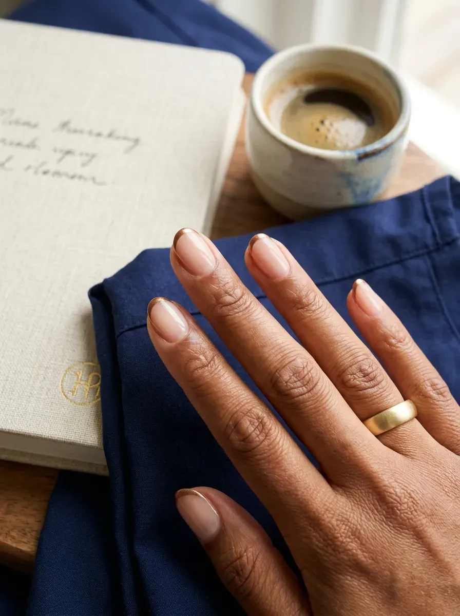 Short nude nails with fine bronze metallic French tips on brown skin