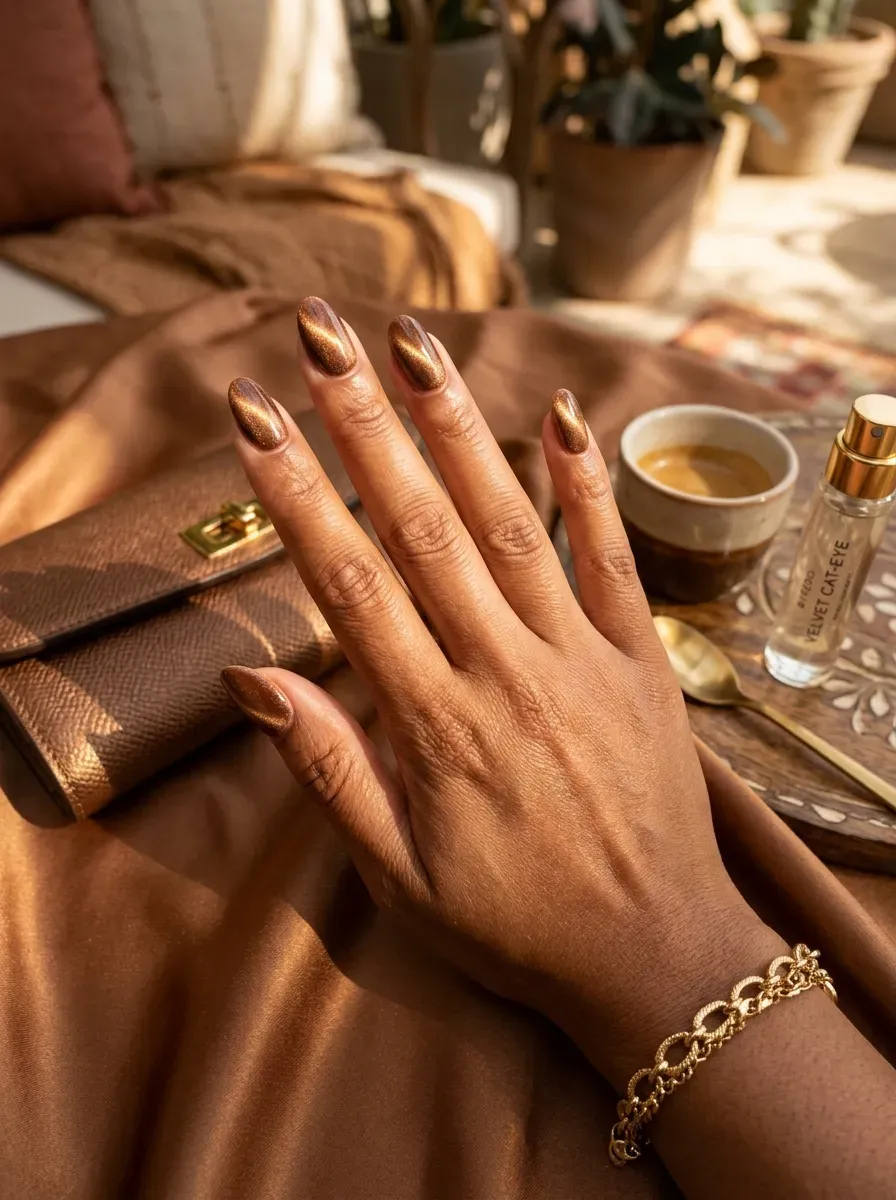 Bronze velvet cat-eye nails on brown skin with autumn resort accessories