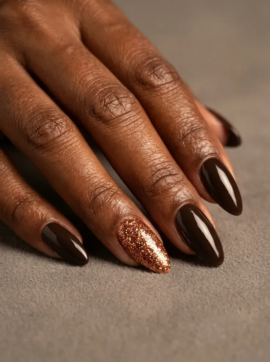 Medium almond nails with glossy brown gel and copper glitter accent nails