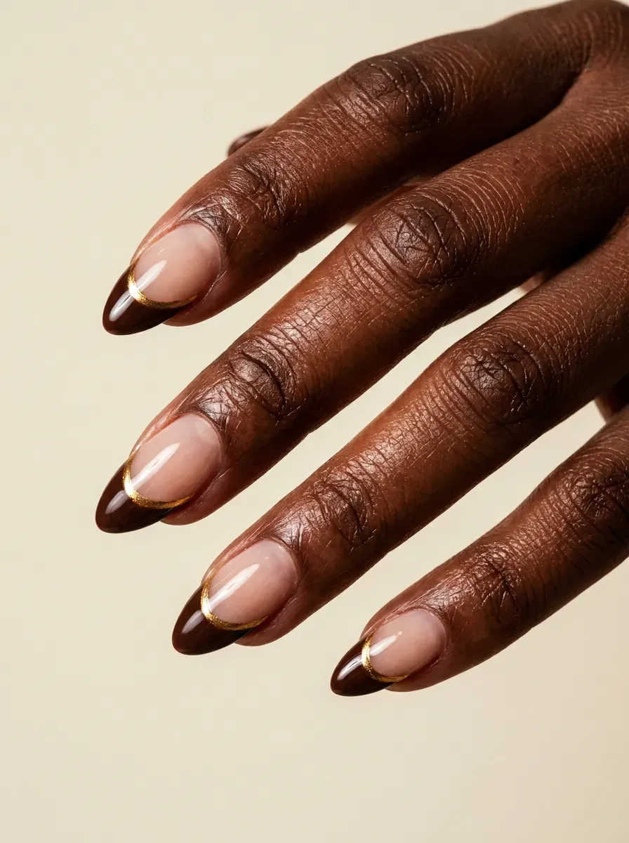 Almond nails with chocolate French tips and metallic accent lines on dark skin