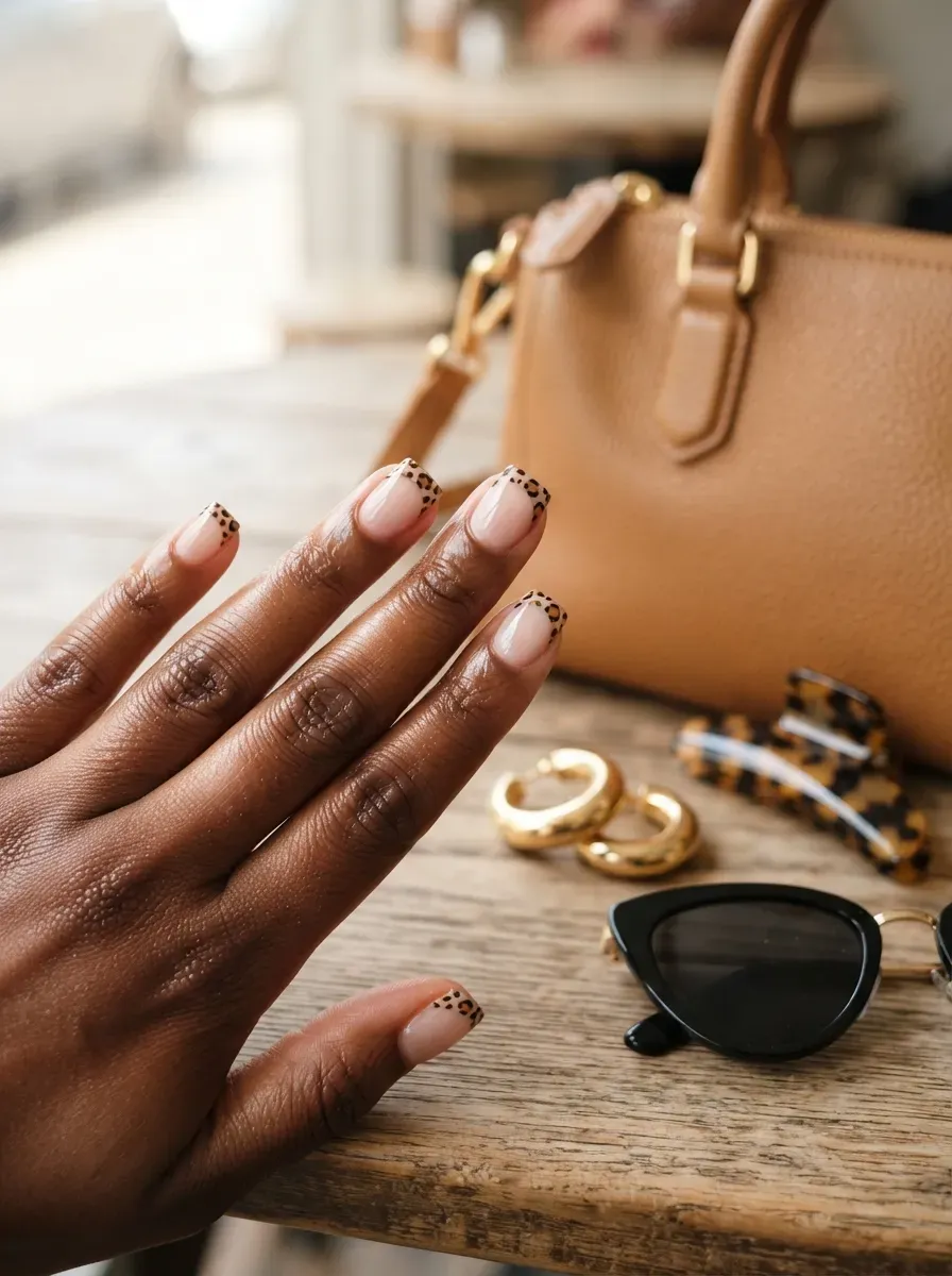 Tiny brown leopard pattern French tips on short nude square nails