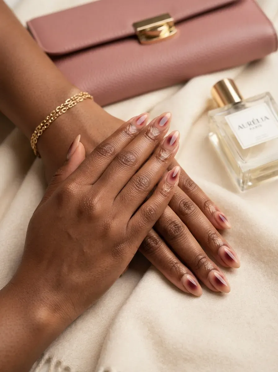 Nude almond nails with soft burgundy aura centers on brown skin