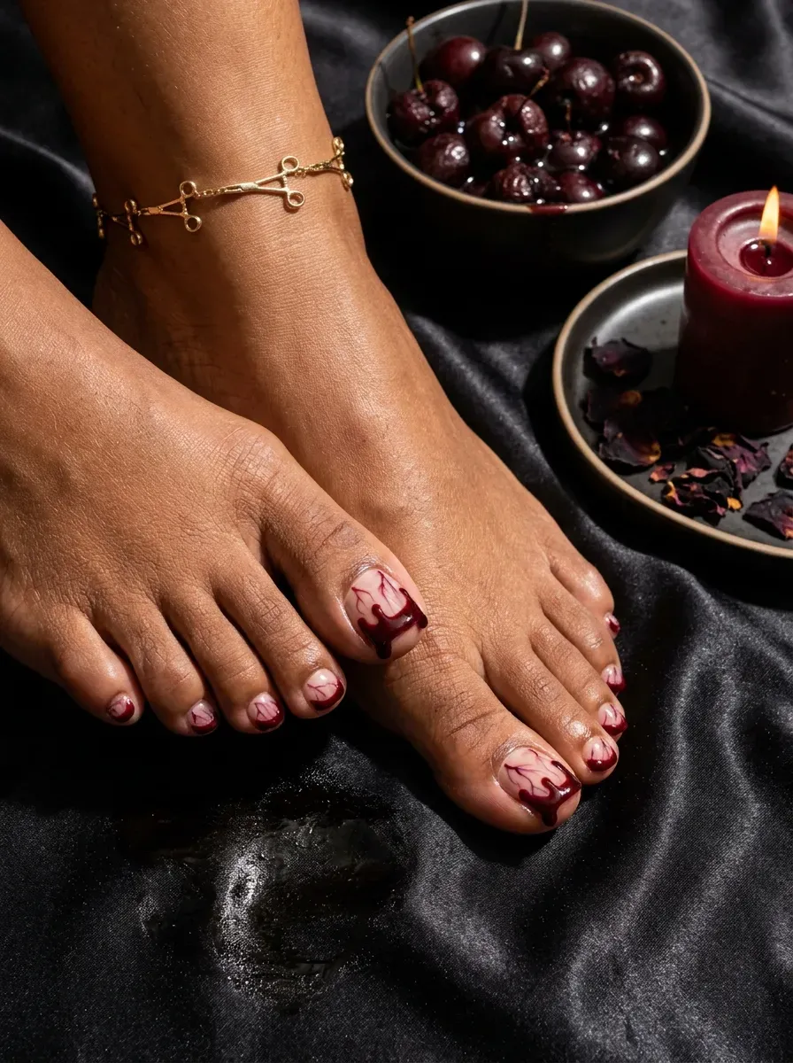 Nude toenails with burgundy drip French tips for Halloween