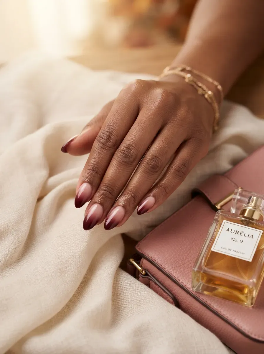 Blush nails fading into burgundy tips on warm brown skin
