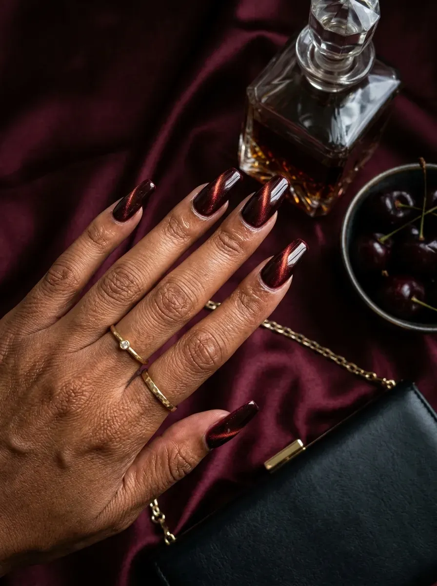 Long burgundy cat-eye coffin nails glowing on warm brown skin