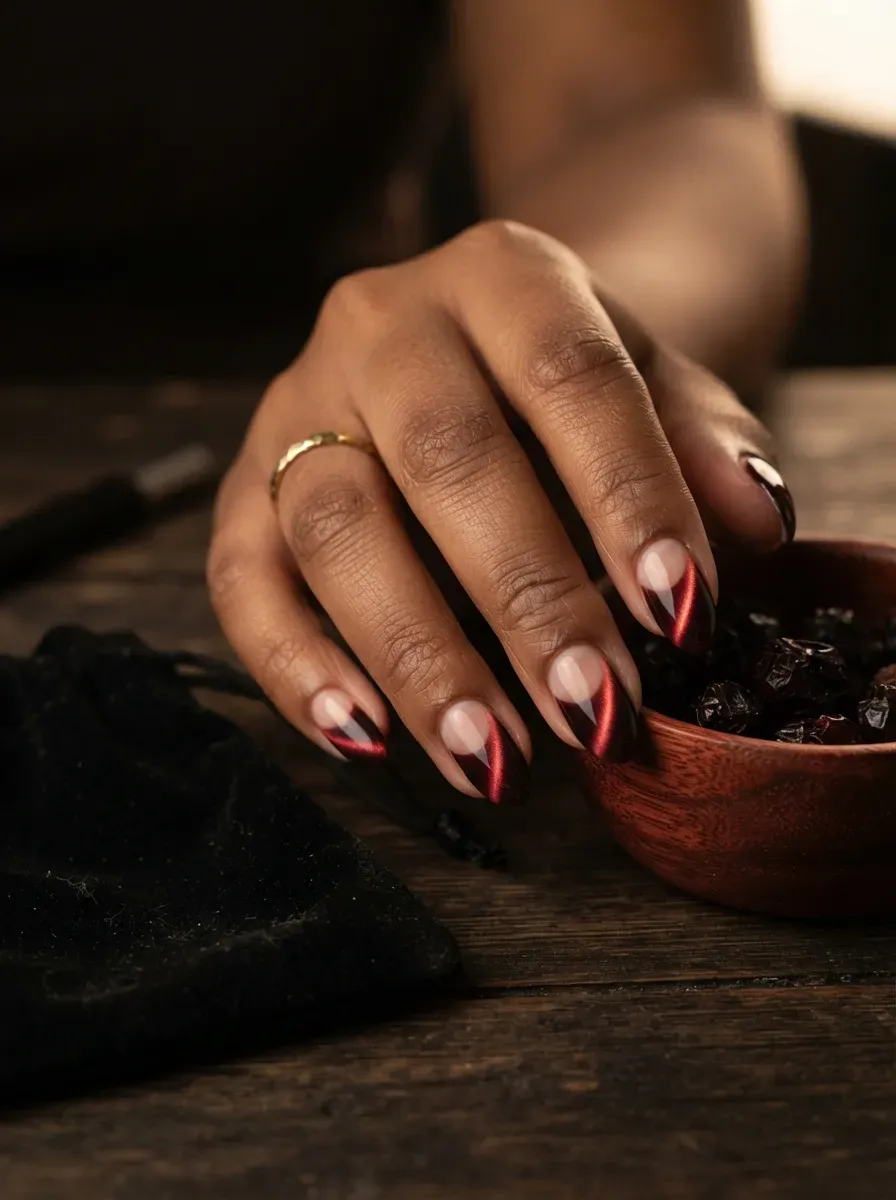 Burgundy cat eye deep French tips on almond nails with warm skin