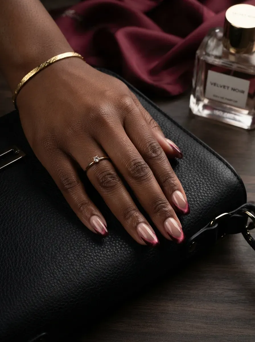 Nude almond nails with burgundy magnetic French tips on deep chestnut skin