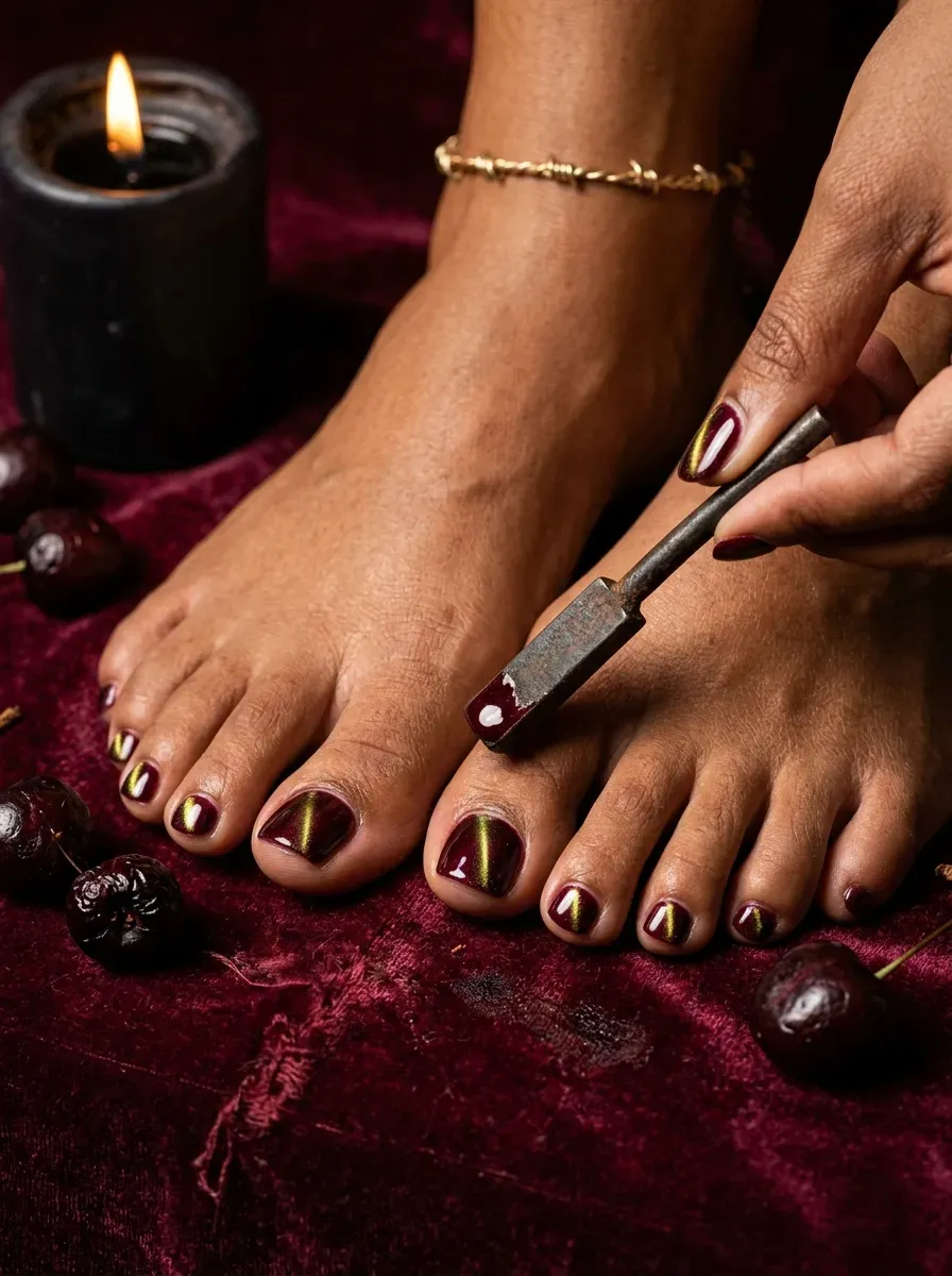 Burgundy magnetic cat eye polish on neatly shaped Halloween toes