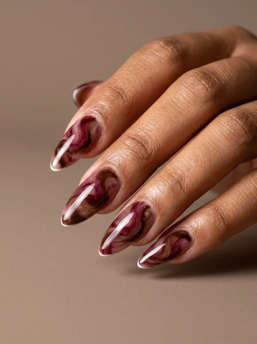 Long almond nails with burgundy and chocolate brown marble gel design