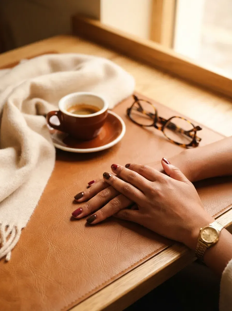 Burgundy and chocolate brown nails on warm brown skin with autumn accessories