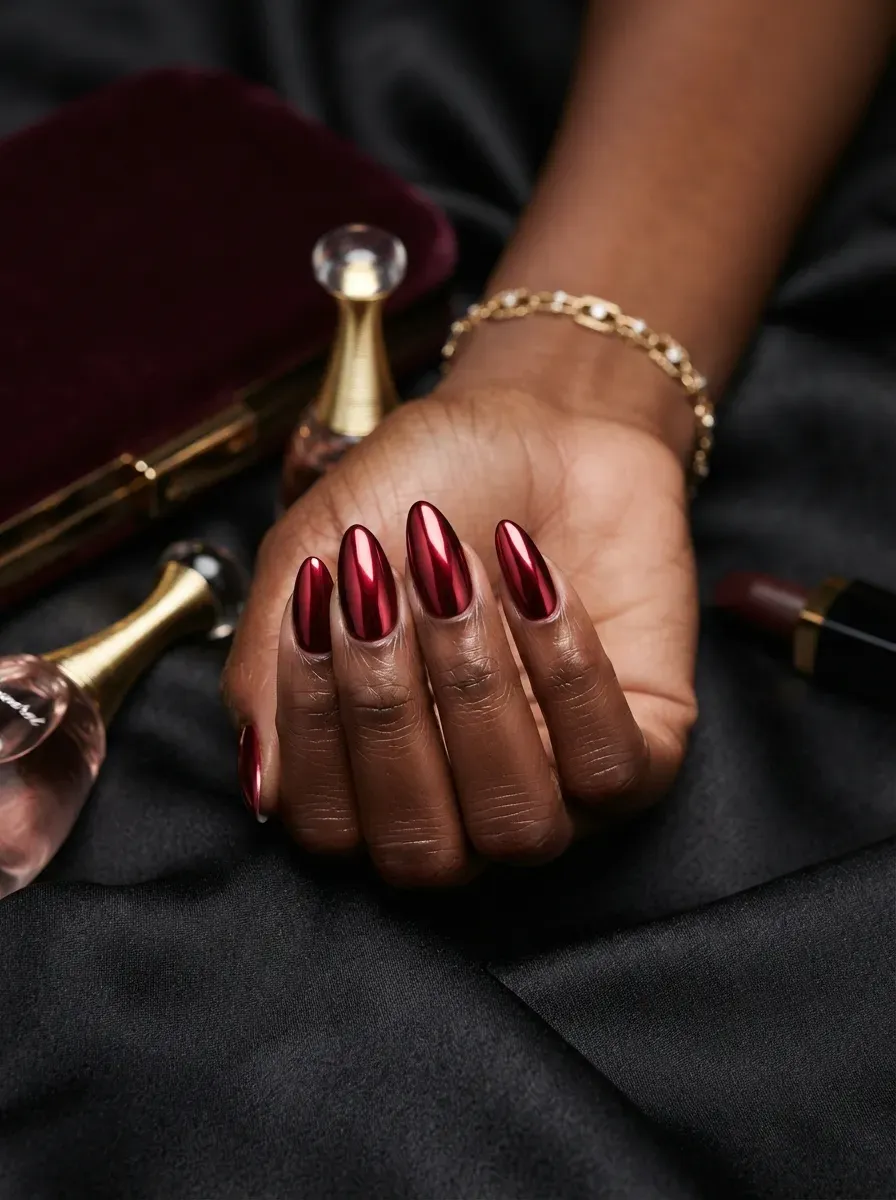 Burgundy chrome almond nails reflecting warm light on deep brown skin