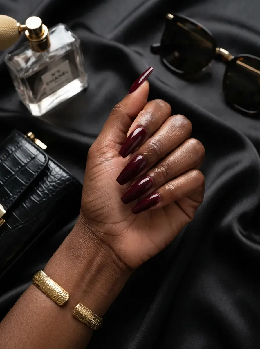 Long glossy burgundy coffin nails on deep brown skin with luxury accessories