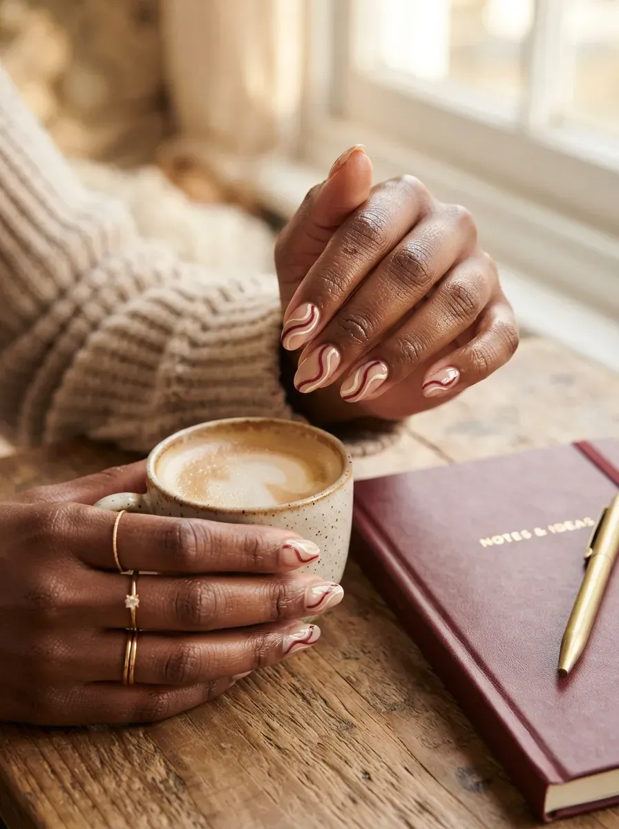 Nude nails with burgundy and cream swirl lines on rich brown skin
