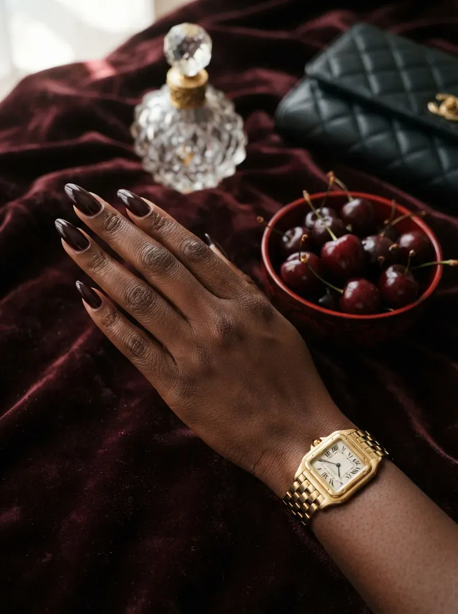 Burgundy deep French tips on long almond nails with rich dark skin