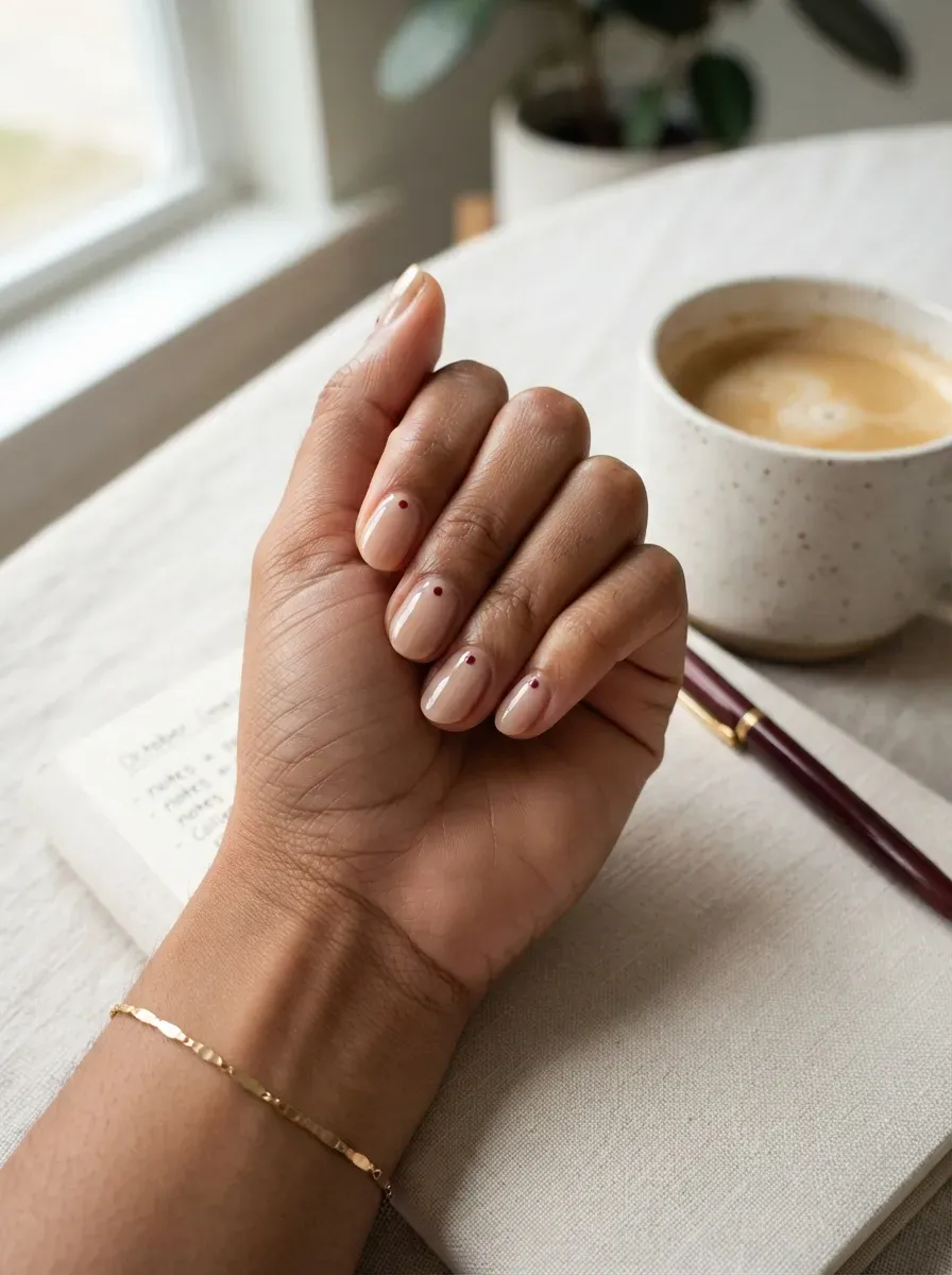 Sheer nude nails with tiny burgundy dots on warm brown skin