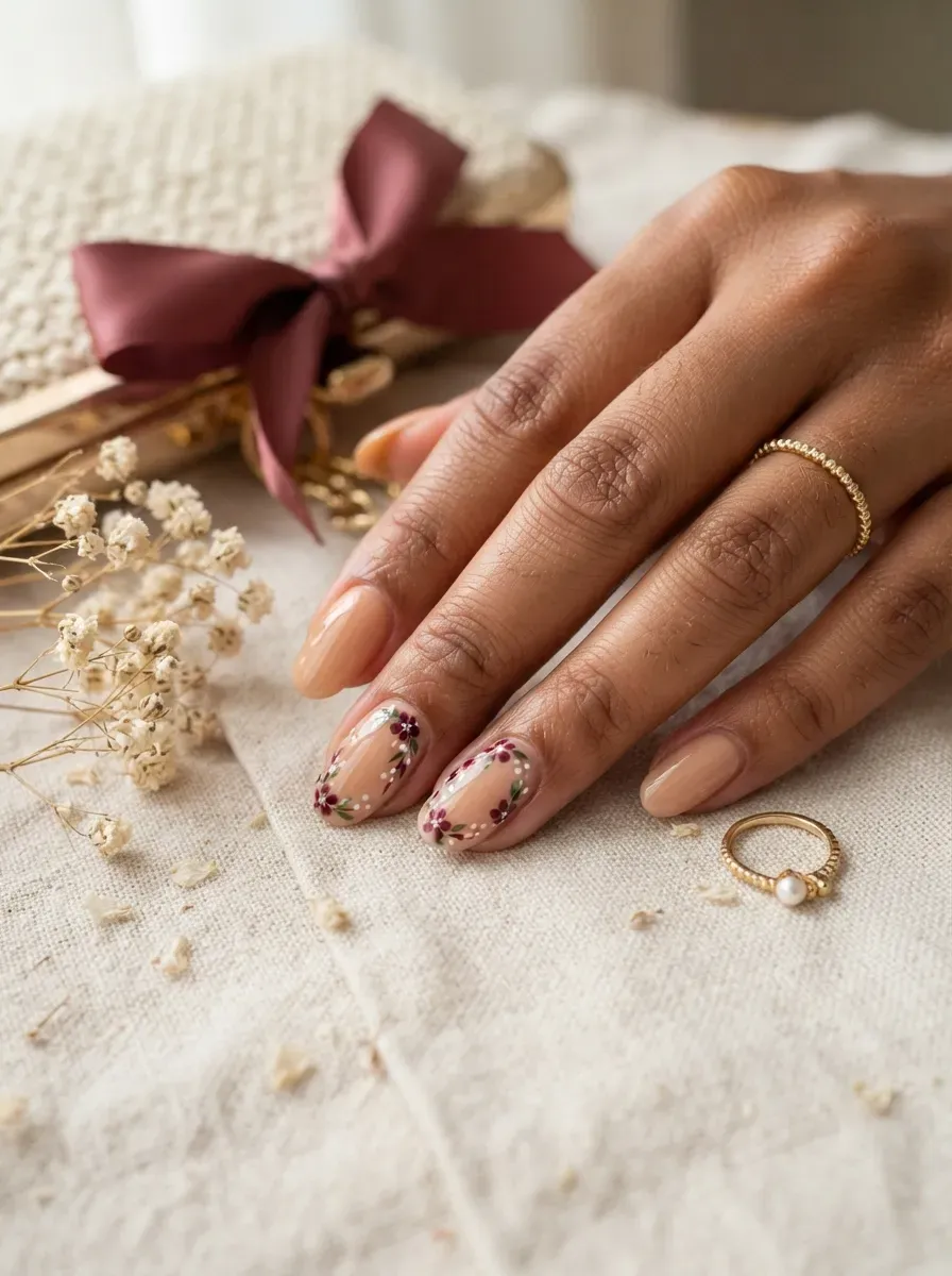 Nude nails with miniature burgundy flowers on warm brown skin
