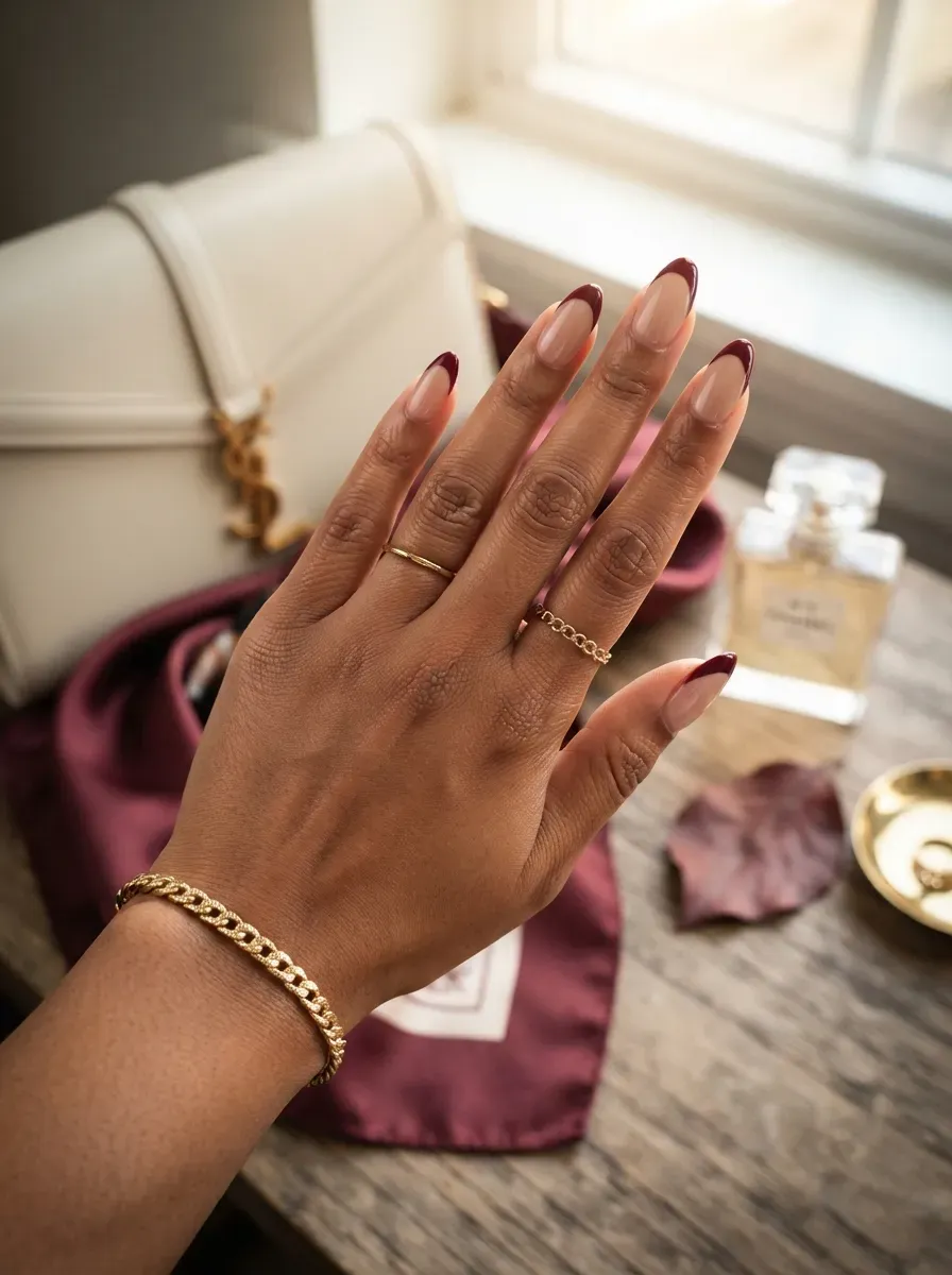 Almond nude nails with curved burgundy French tips on brown skin