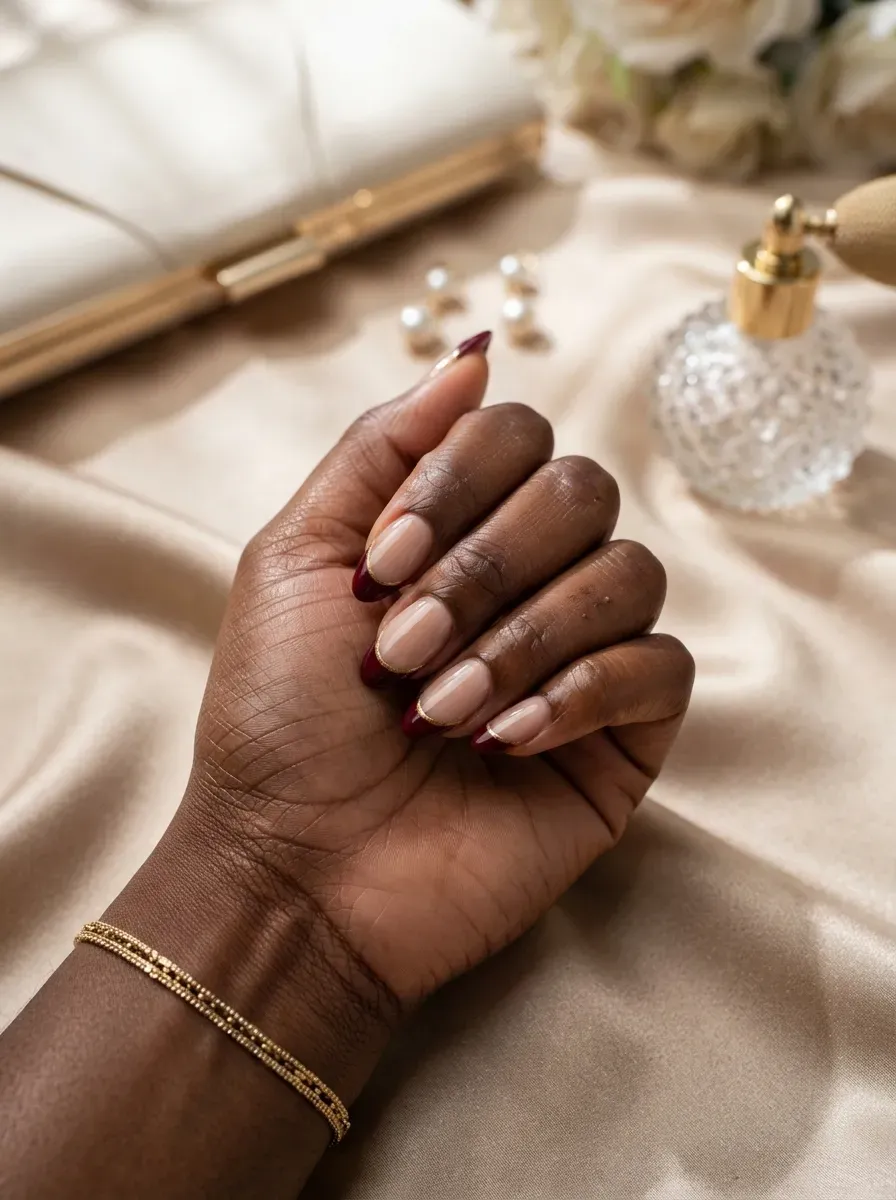 Burgundy French nails edged with gold on rich dark skin