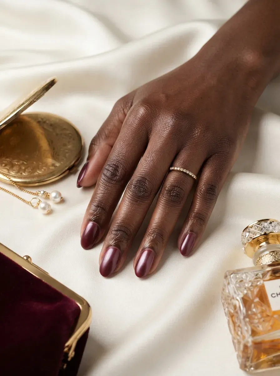 Burgundy nails with sheer pearl glaze on rich dark skin